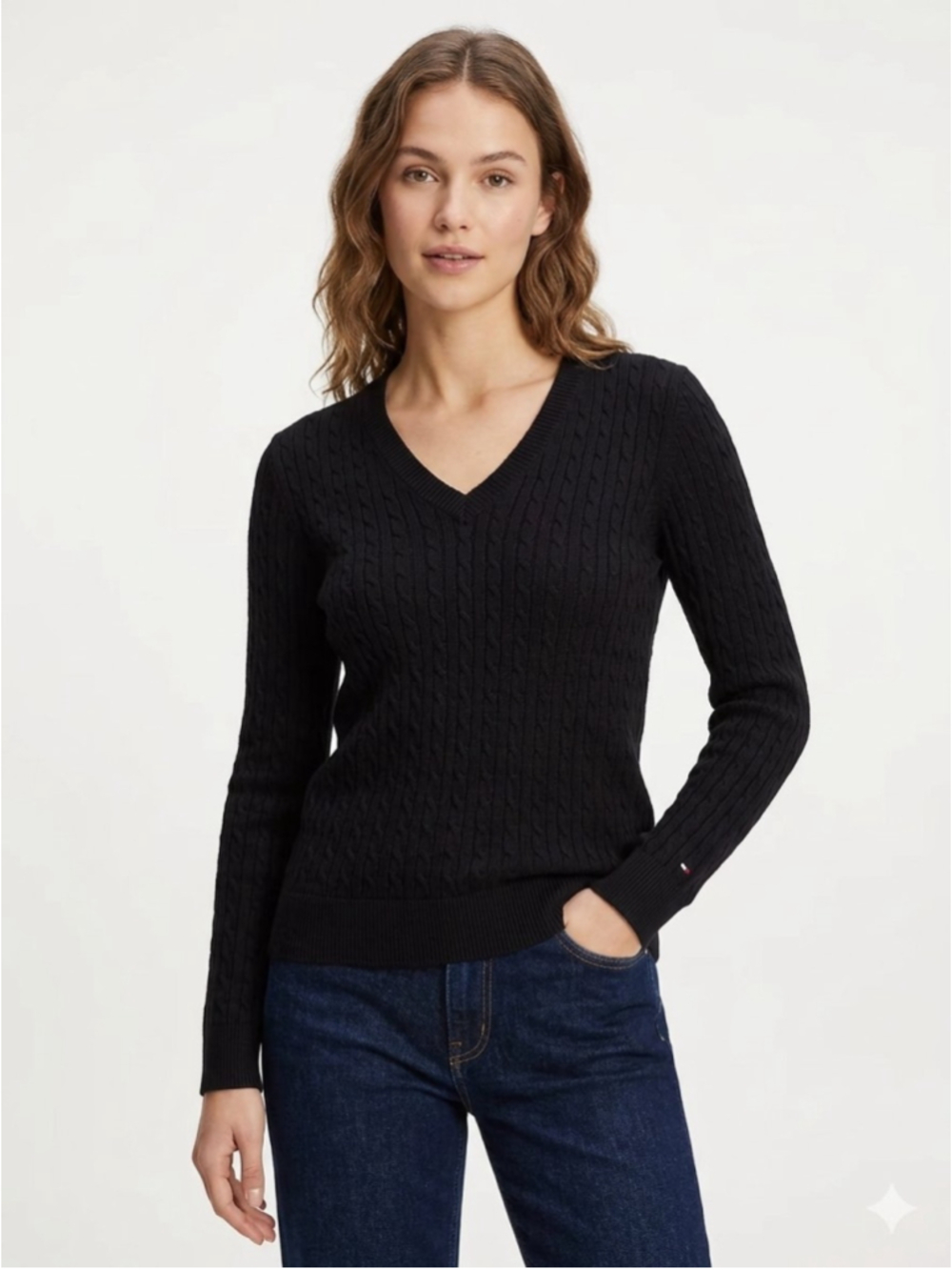 Women's Tommy Hilfiger Black Cable Knit V-Neck Sweater Size Medium - 812